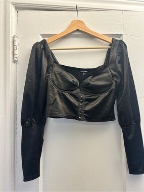 Fashion Nova Black Satin Long-Sleeve Corset Crop Top